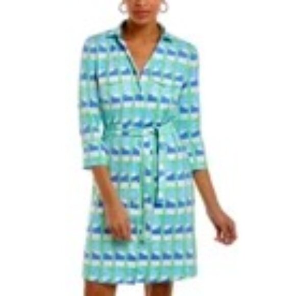 J McLaughlin Brynn Shirt Dress Lyford Jersey Preppy Geometric Print Aqua LARGE - Picture 1 of 16